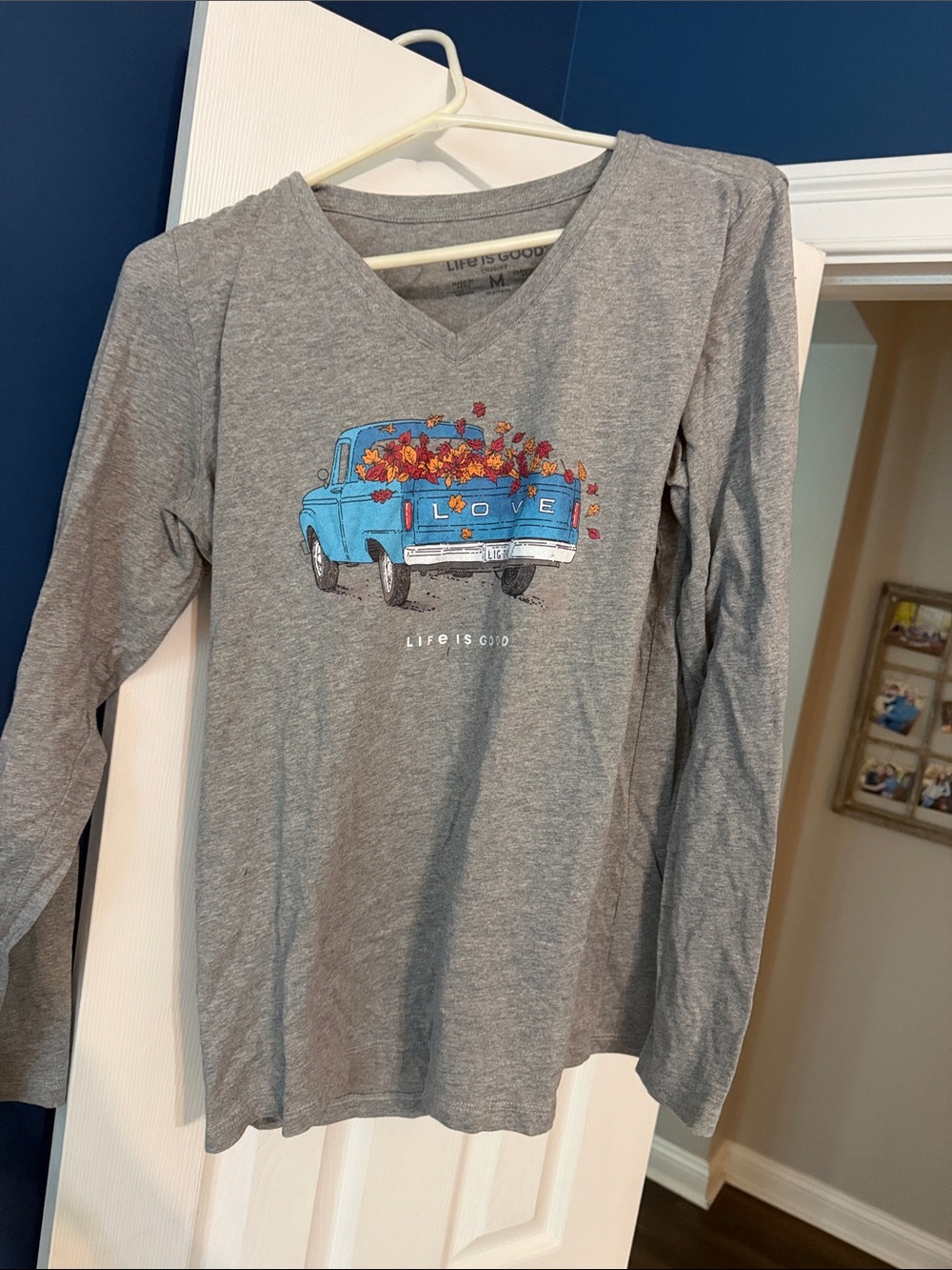 Life Is Good Gray Long-Sleeve V-Neck Tee with Blue Truck and Autumn Leaves